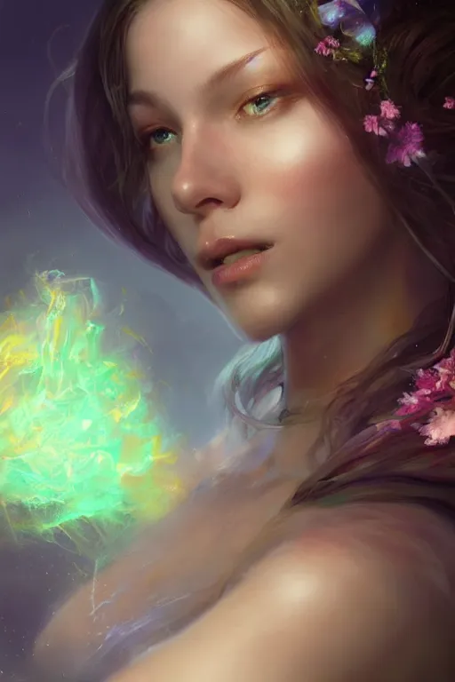 Prompt: half body closeup of extremely beautiful girl necromancer, magical fairy flowers and ice, angels, 3 d render, hyper - realistic detailed portrait, holding fire and electricity rainbow, ruan jia, wlop. scifi, fantasy, magic the gathering, hyper detailed, octane render, concept art, peter mohrbacher