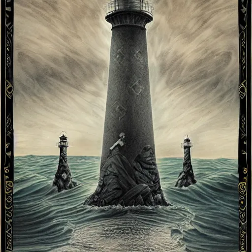 Image similar to bleak lighthouse, black paper, white ink, I, Renaissance style golden border, As above so below, tarot card, intricate design, 3d relief, insanely detailed, illustrated by Charlie Bowater and Donato Giancola, Major arcana