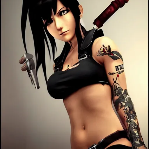 Image similar to high quality art of tifa lockhart with tattoos, trending on artstation