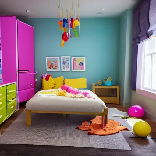 Prompt: eye - level view, in a child's bedroom filled with toys there is a bed under a window. a colorful comforter is on the bed. a super cute gsd puppy runs and jumps and plays on the bed. hilarious, funny, back to school comedy, cg animation, 3 d octane render, imax 7 0 mm,