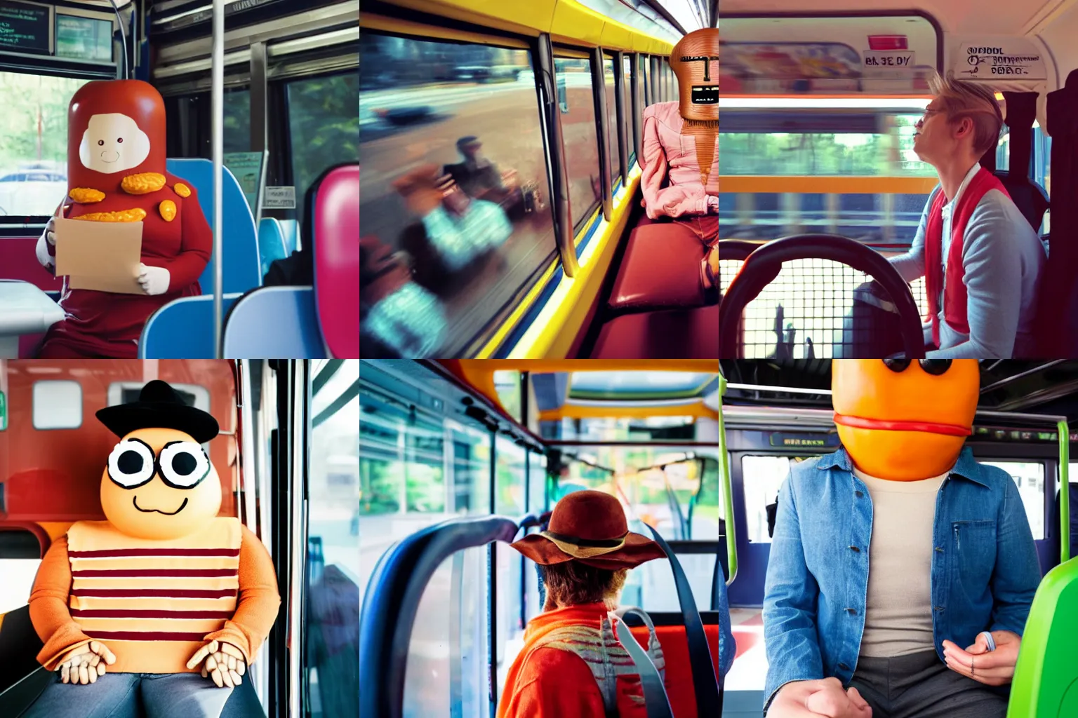 Prompt: a humanoid hamburger character riding the bus to work