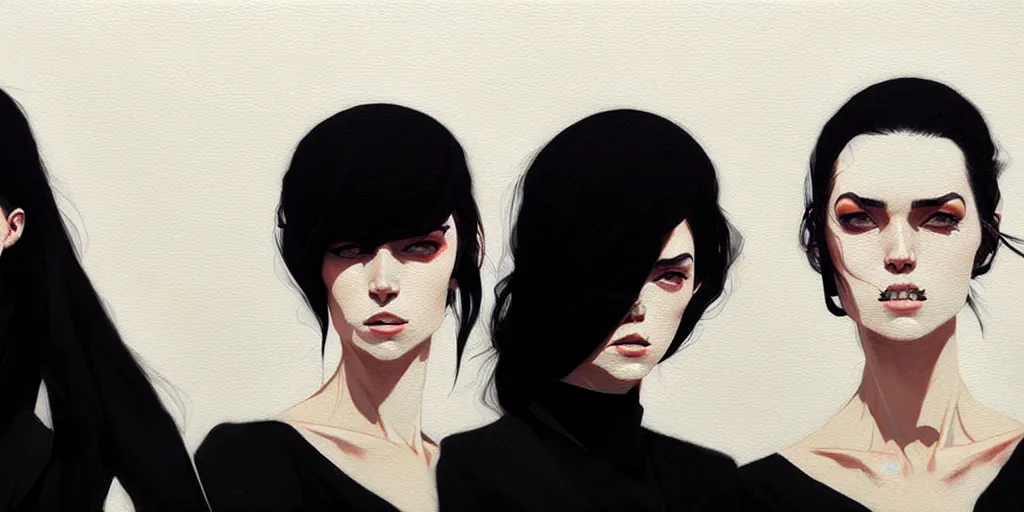 Prompt: a ultradetailed portrait painting of three women in black suits, by conrad roset, greg rutkowski and makoto shinkai trending on artstation