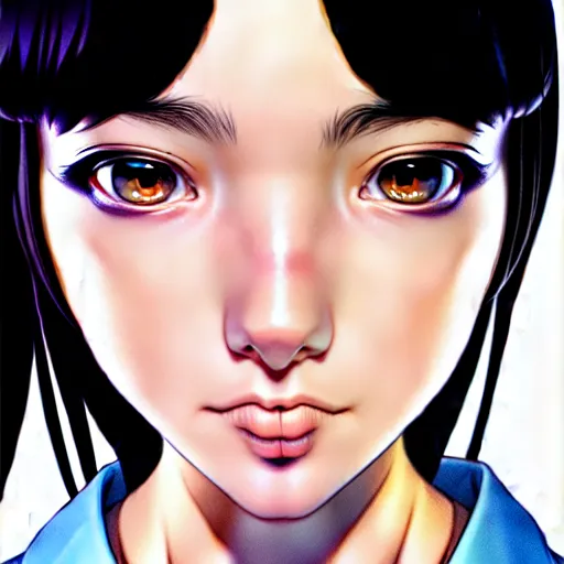 Prompt: depicting an extreme close up face of a dainty young truant female stoner prep highschool school student with medium length silky straight iridescent black hair and lightly suntanned skin, illustrated by Artgerm and Range Murata.