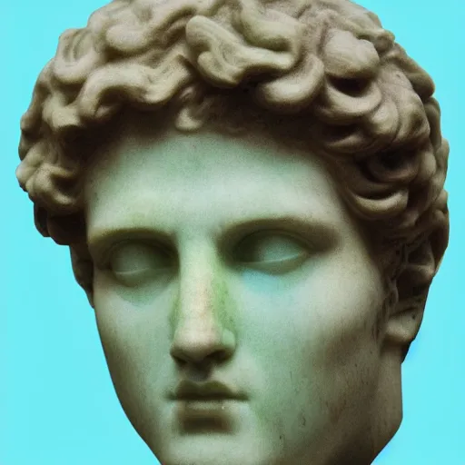 Prompt: a vaporwave marble bust of a greek youth, 1 9 8 0 s, neon, ancient, computer image