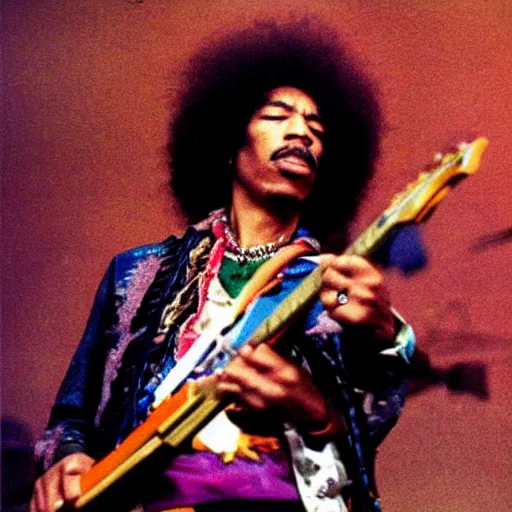 Image similar to jimi hendrix playing a lizard guitar, color photo, cinematic