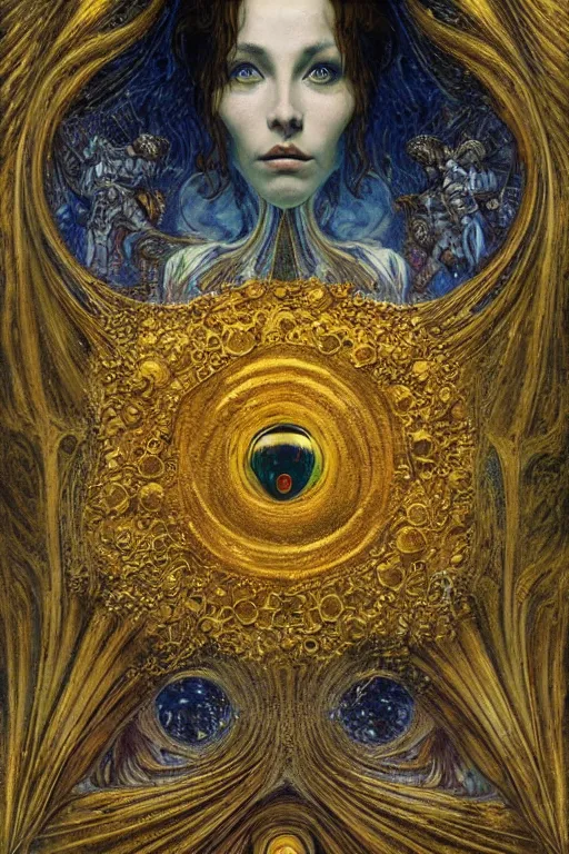 Prompt: The Misericorde by Karol Bak, Jean Deville, Gustav Klimt, and Vincent Van Gogh, otherworldly, fractal structures, arcane, prophecy, ornate gilded medieval icon, third eye, spirals