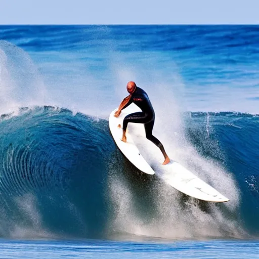 Image similar to kelly slater surfing, surfing in a barrel wave with a great white in the face of the wave under the water, large shark, clear water standing on surfboards, surfing in the face of a tsunami, high detailed colors, bright deep blue