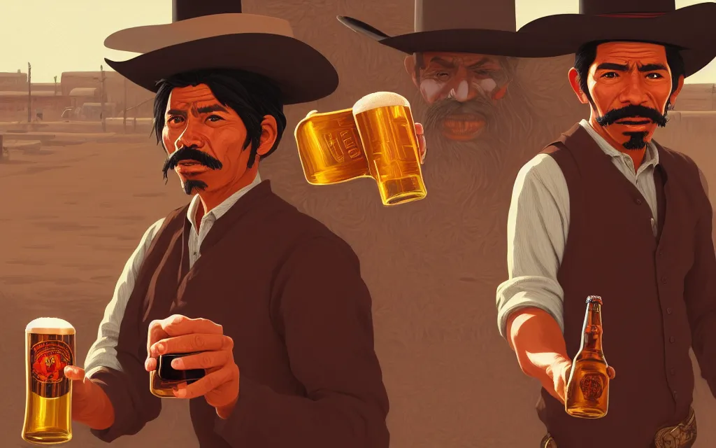 Image similar to photo of juan caloto beer illustration of a mexican man,, with one small, dirt, wild west, with hat, drinking a beer at train station, fantasy, intricate, elegant, highly detailed, digital painting, artstation, concept art by makoto shinkai, ilya kuvshinov, lois van baarle, rossdraws, basquiat,