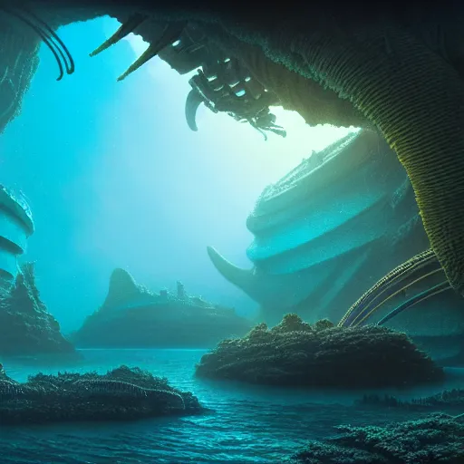 Image similar to a matte painting of alien underwater landscape of lush flora, remnants of old spaceship, alien creatures emerging, morning, by Giger and Ralph McQuarrie and Bruce Pennington, cinematic lighting, ambient light, hyperrealism, nvidia, octane render, 8k, iridescent accents, vray, deviantart