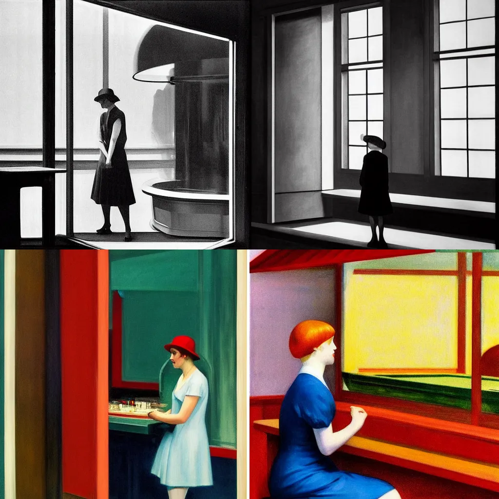 Prompt: A girl in Automat by Edward Hopper (1927), photograph by Edward Hopper