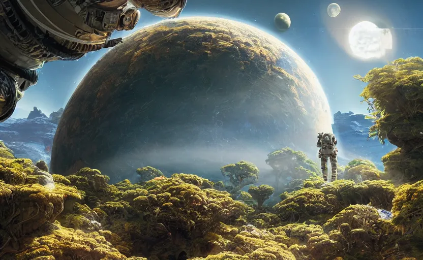 Prompt: a astronaut walking on a alien planet full of alien plants amd animals with a giant blue planet in the sky, hyperrealistic, octane render, unreal engine 5, 8k hdr, highly detailed, high quality, post processed, calm, beautiful landscape, Ferdinand Knab, concept art