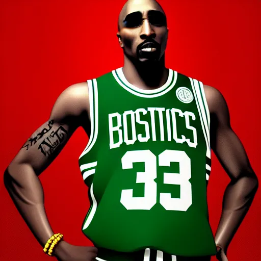 Image similar to portrait of tupac shakur, boston celtics jersey number 3 4, green, white, cartoon digital art, oil on canvas, trending on artstation, octane render