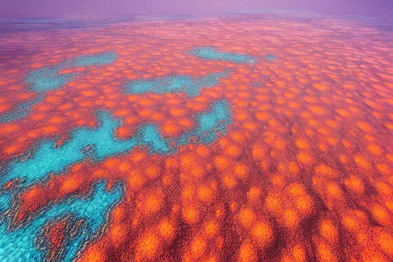 Prompt: “ aerial view of a vast landscape completely made of coral, vivid, high detail, concept art. ”