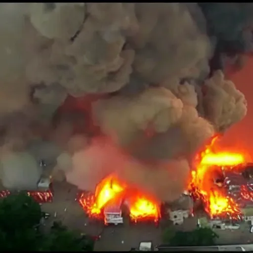 Image similar to bleve explosion, fireball, fireball explosion, 2 4 0 p footage, 2 0 0 6 youtube video, helicopter footage over city, gas station explosion