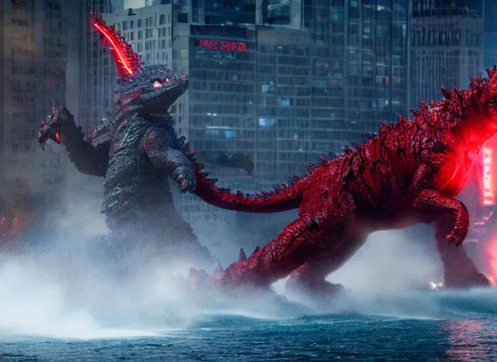 Image similar to film still of clifford the big red dog fighting in new york city in the new godzilla pacific rim crossover movie