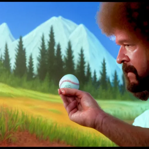 Image similar to a closeup photorealistic photograph of bob ross crafting an image of kenny powers baseball, a depiction on a canvas. mountains and trees. film still. brightly lit scene. this 4 k hd image is trending on artstation, featured on behance, well - rendered, extra crisp, features intricate detail, epic composition and the style of unreal engine.