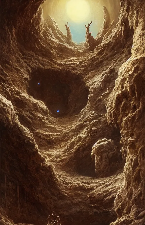 Image similar to ancient singular portal into godhood flickers omniously on a barren hellish exoplanet, philosophical concept illustrated by James Gurney and Zdislaw Beksinski and Dariusz Zawadski and Greg Rutkowski and Jeffrey Smith, dramatic lighting, ultra HD, HDR, 8k