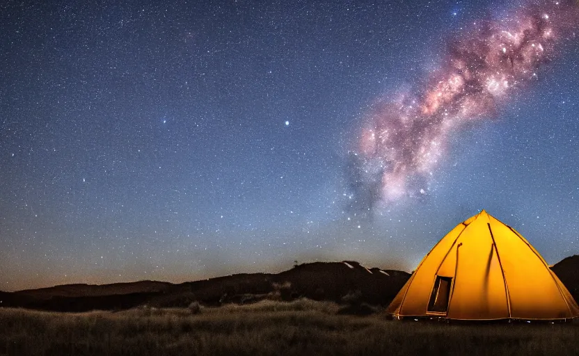 Prompt: night photography of a tent with nebulas in the sky