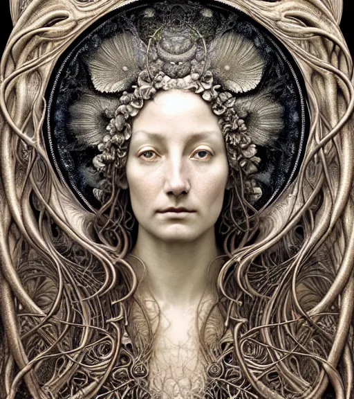 Image similar to detailed realistic beautiful solstice goddess face portrait by jean delville, gustave dore, iris van herpen and marco mazzoni, art forms of nature by ernst haeckel, art nouveau, symbolist, visionary, gothic, neo - gothic, pre - raphaelite, fractal lace, intricate alien botanicals, ai biodiversity, surreality, hyperdetailed ultrasharp octane render