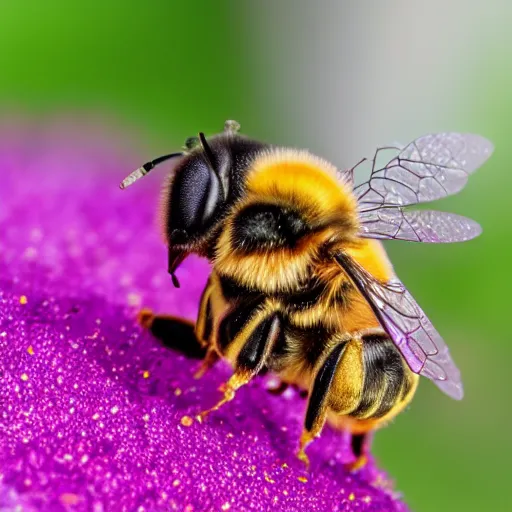 Image similar to macro photography of a landing of a bee on a high detailed dog's nose. pollen on the nose. contest winning photography. 8 k. hyper - realistic