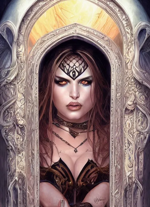 Prompt: a highly detailed symmetrical painting of a sorceress with piercing beautiful eyes, dark tomb setting, dynamic lighting, ambient lighting, deviantart, art by mark brooks and artgerm and karol bak
