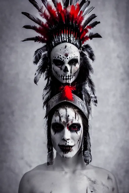 Prompt: the ghost - spirit of the grim - warpaint wears the scarlet skull armor and native blood headdress feathers, midnight fog - mist!, cinematic lighting, various refining methods, micro macro autofocus, ultra definition, award winning photo