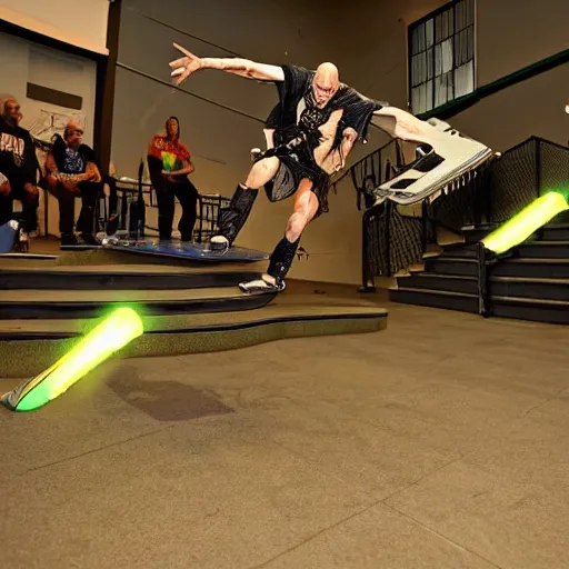 Image similar to necron doing a kickflip while humans look on in amazement and awe