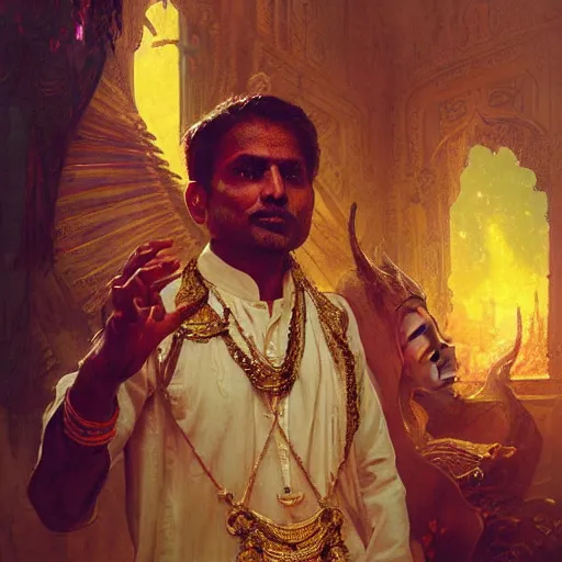 Image similar to portrait of Indian male priest, fantasy, powerful, elegant, intricate, beautiful lighting, perfect composition, by greg rutkowski, thomas kindkade, alphonse mucha