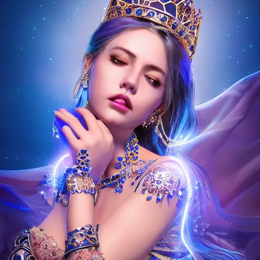 Prompt: photo of wonderful princess of sapphire with fair skin, she has her eyes closed, glowing, ornate and intricate blue jewelry, jaw dropping beauty, glowing background lighting, blue accent lighting, photorealistic, hyper detailed, award winning photography, 4 k octane render
