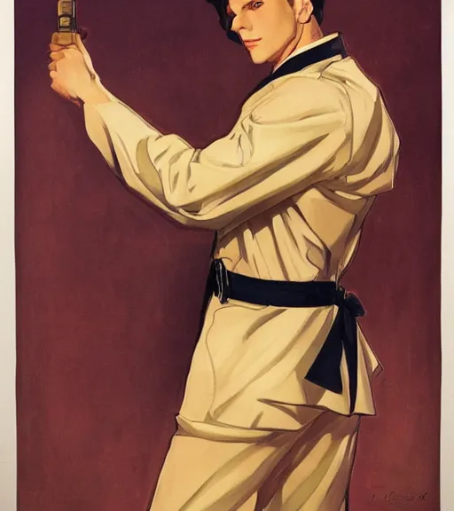 Image similar to j. c. leyendecker painting of an anime man, direct flash photography at night, film grain