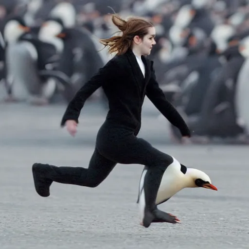 Image similar to a photograph of emma watson chasing a penguin