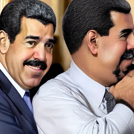 Prompt: Joe Biden and Nicolas Maduro hugging in Tehran, digital art