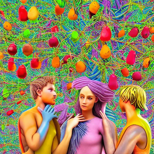 Prompt: hyperdetailed cyber humans under a tree, holding huge interesting elaborate coloured fruits. in the style of Michelangelo, with liberty and flemish baroque mixed media details. vibrant vivid 3d textures in natural pastel tones. matte background HD 8x