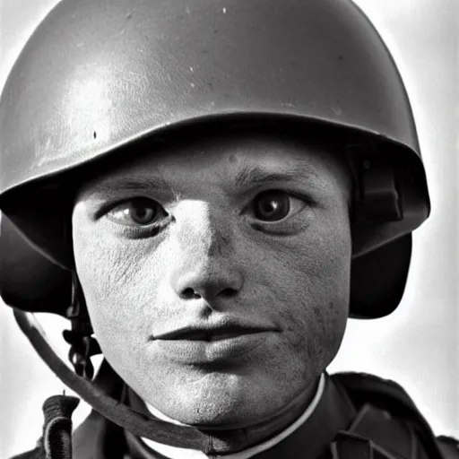 Prompt: close up of a cat wearing soldier helmet in the battle, ww2 historical photography, black and white