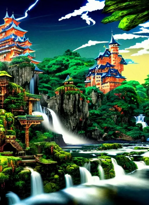 Prompt: fantasy castle, waterfall, river, mountain, night time scenery wallpaper aesthetic, anime style, beautiful, cinematic, dramatic, super detailed and intricate, hyper realistic, 4 k render, by koson ohara, by darwyn cooke, by satoshi kon