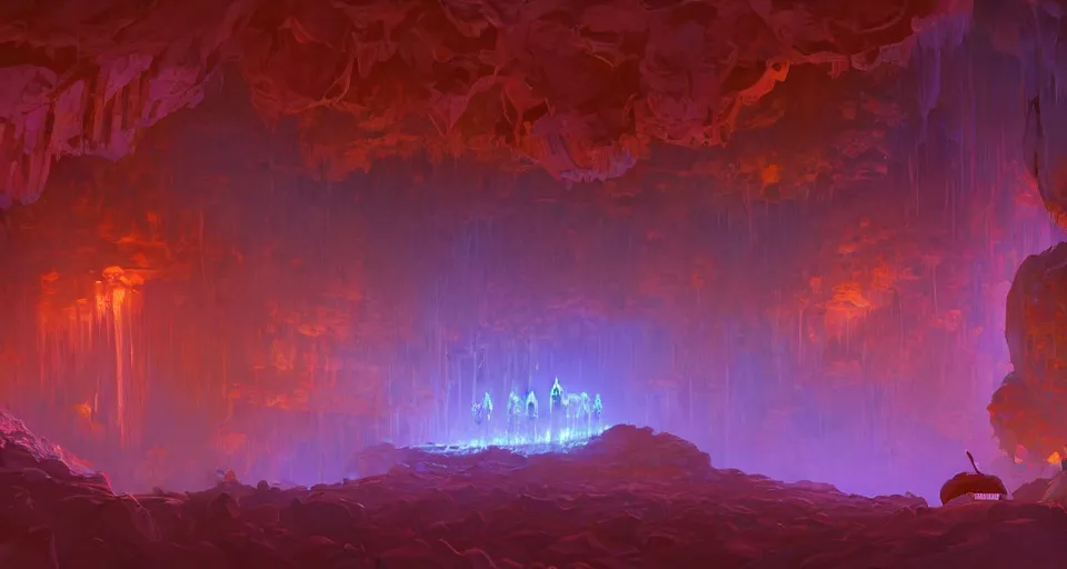 Prompt: a bulbous gigantic cave interior with glowing stalagtites and stalgmites biochemical glowing moss gieger star wars cavern interior dungeon interior deep cooridors ilm, beeple, dungeons and dragons mines, warm saturated colours