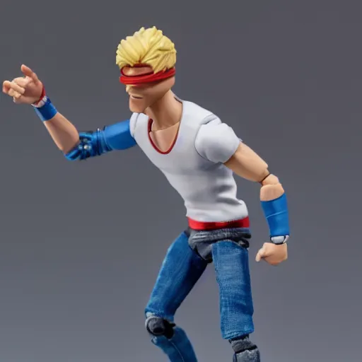 Image similar to action figure of a skinny blonde male wrestler wearing a vr headset and wearing a t - shirt and jeans, high detail, realistic,