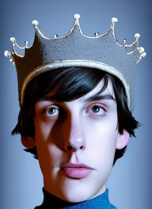 Image similar to portrait of teenage jughead jones wearing a light grey crown, crown, blue turtleneck, 1 9 5 0 s, closed eyes, photorealistic, black hair, glowing lighting, intricate, elegant, glowing lights, highly detailed, digital painting, artstation, concept art, smooth, sharp focus, illustration, art by wlop, mars ravelo and greg rutkowski