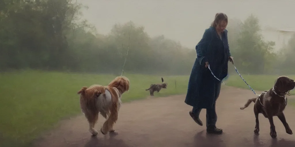 Prompt: a dog walking a human on a leash, cinematic lighting, detailed oil painting, hyperrealistic, 8k