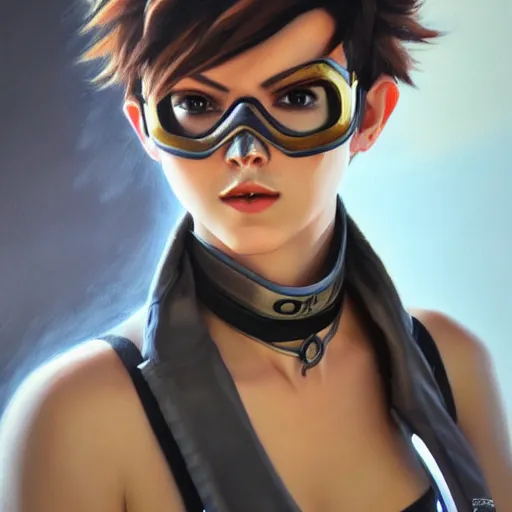 Image similar to oil painting of tracer overwatch in a field, in style of mark arian, expressive face, very detailed face, wearing large steel choker, very detailed eyes, full body, feminine face, detailed makeup on eyes,