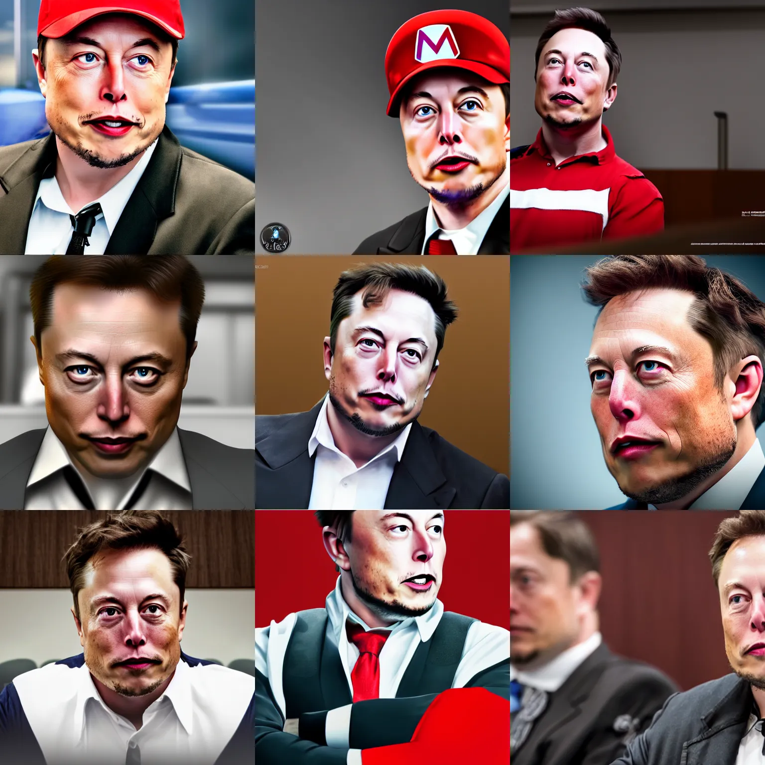 Prompt: a closeup photorealistic photograph of elon musk as mario from mario brothers courtroom cross examination. professional capture, well lit shot. this 4 k hd image is trending on artstation, featured on behance, well - rendered, extra crisp, features intricate detail, epic composition and the style of unreal engine.