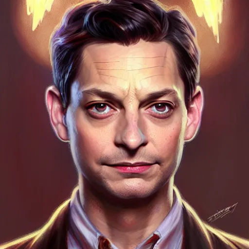 Image similar to handsome Tobey Maguire as Goblin Jr, western, D&D, fantasy, intricate, elegant, highly detailed, digital painting, artstation, concept art, matte, sharp focus, illustration, art by Artgerm and Greg Rutkowski and Alphonse Mucha