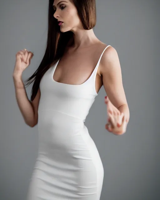 Image similar to 2 8 mm photo of gorgeous seductive tall emily skinner wearing open toe heels, wearing tight white dress, in a white room, beautiful face, pale skin, rule of thirds, cinematic lighting, sharp focus, backlit, stunning, smooth, hard focus, full body shot, studio photo, glamour pose, arney freyag