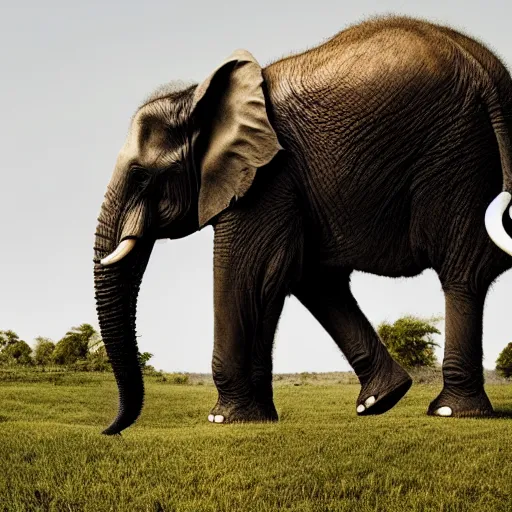 Image similar to a highly detailed panoramic photo by annie leibowitz of an elephant in the distance. the elephant has a staircase as a trunk, 8 k, super resolution