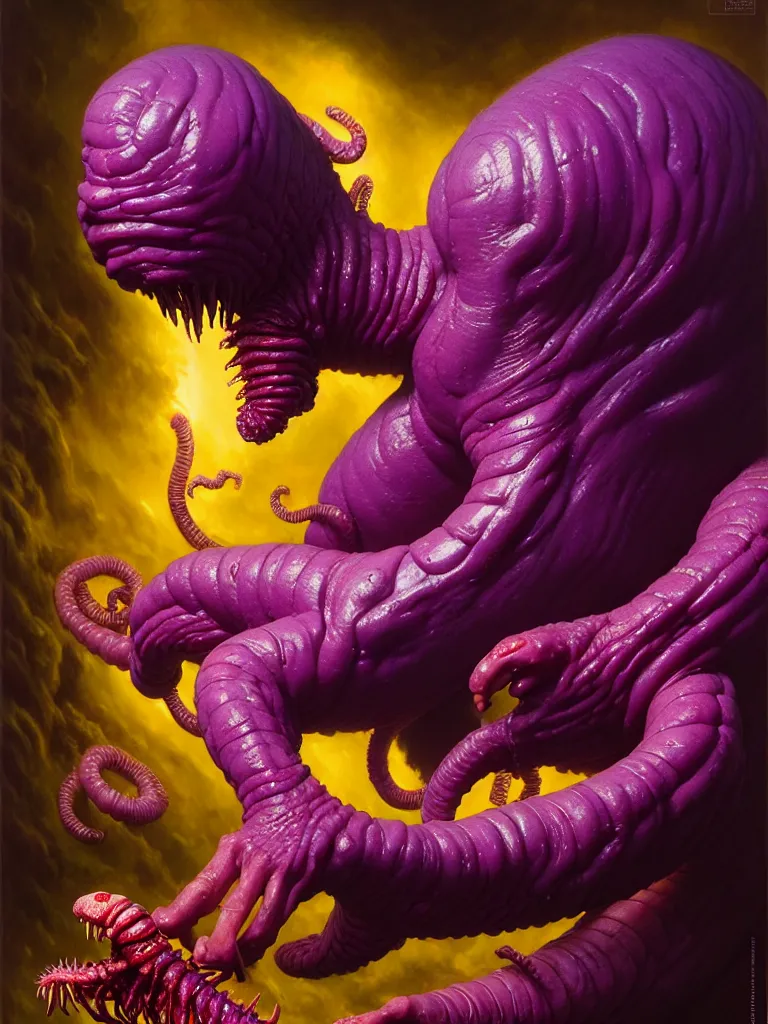 Image similar to hyperrealistic rendering, fat smooth cronenberg flesh monster d & d purple worm by donato giancola and greg rutkowski and wayne barlow and zdzisław beksinski, eyeballs, lightning, magic runes, product photography, action figure, sofubi, studio lighting, colored gels, colored background