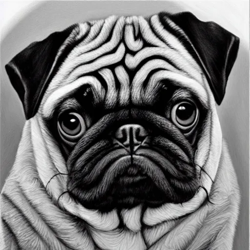 Image similar to a gigachad pug, black and white, intricate, masterpiece, stunning, oil painting