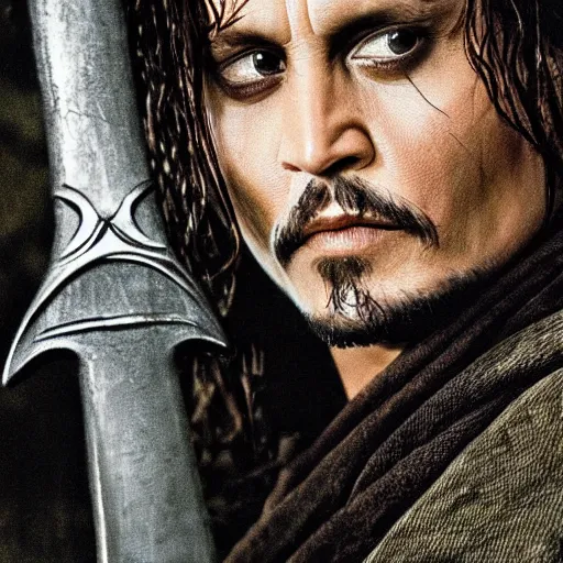 Image similar to symmetry!! photography of johnny depp starring in the lord of the rings as aragorn wielding a sword, detailed - face!!, full - body - picture, wide - angle!!, cinematic, intricate, elegant, highly detailed, film still, nikon, canon eos, zeiss lens, dramatic lighting, sharp - focus!!, photography!!