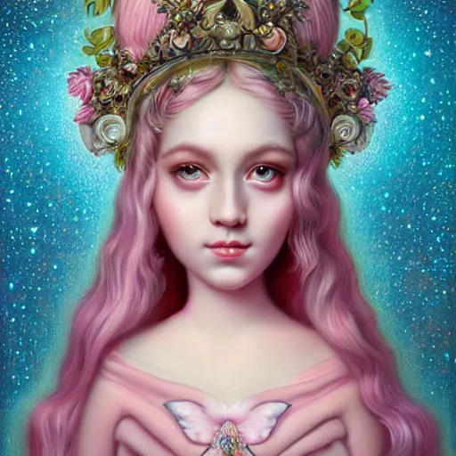 Image similar to a portrait a divine feminine goddess, rosey cheeks, sparkles on eyelids, long pink hair highly detailed, ultra realistic digital painting, rococo, artstation, concept art, pop, smooth, sharp focus, illustration, art by mark ryden and lisa frank 3 d 8 k ultra detailed