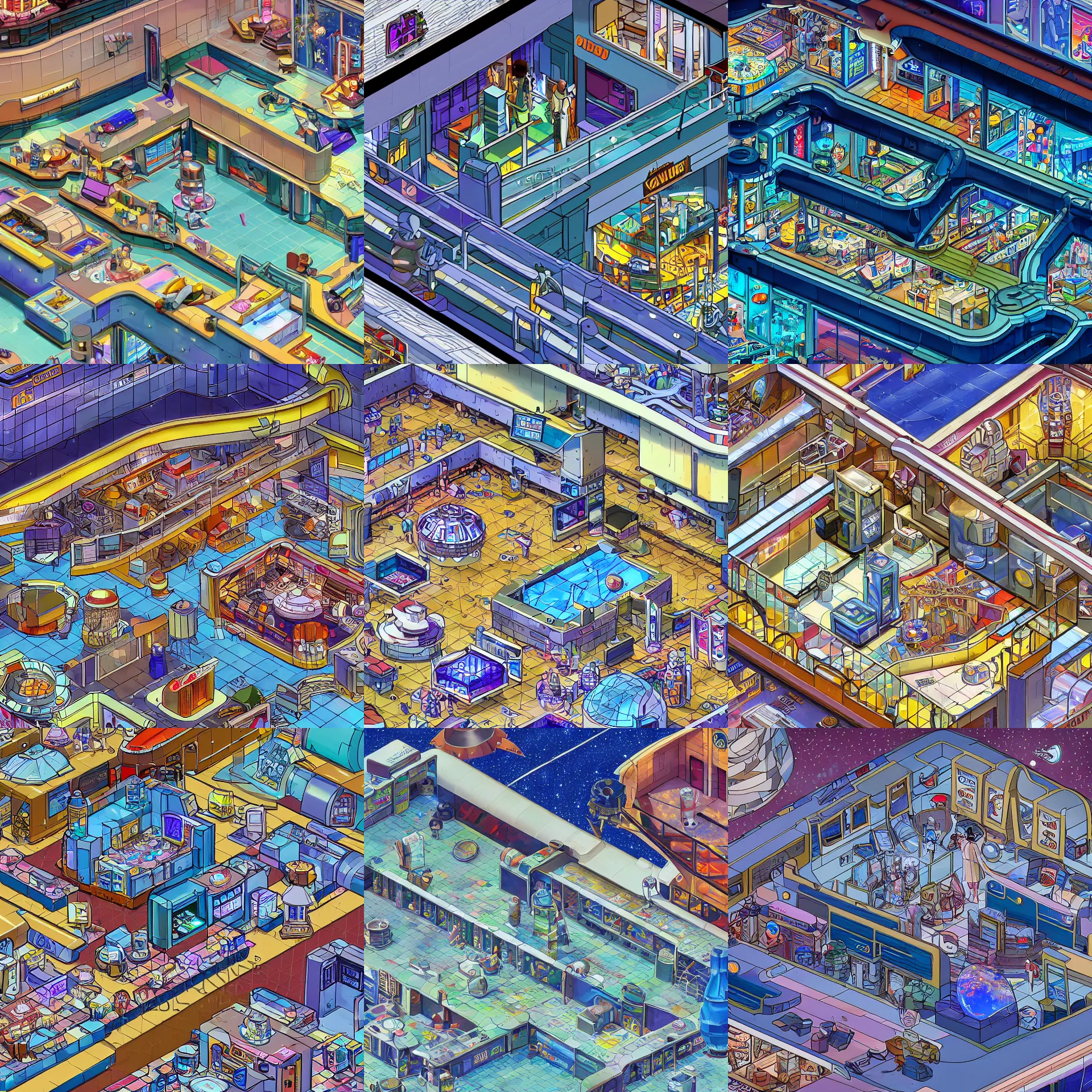 Prompt: close up isometric view of inside a empty shopping mall onboard a spaceship, from a space themed lucasarts point and click 2 d graphic adventure game, art inspired by thomas kinkade