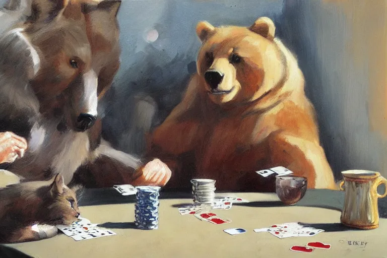Image similar to 2 animals, cat, bear, playing poker, highly detailed beautiful, by gregory manchess, james gurney, james jean
